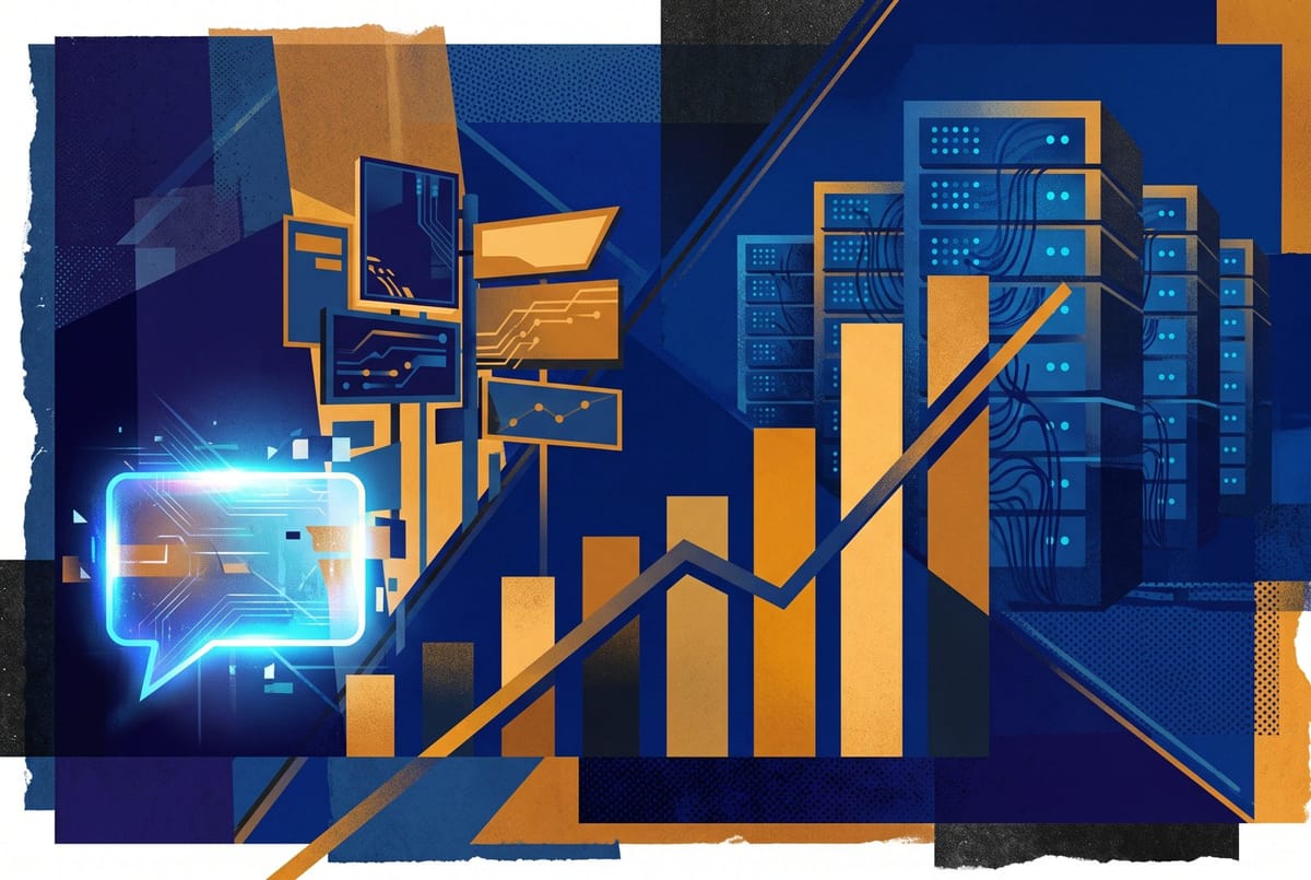 Editorial illustration of a chat bubble beside advertising placards and converging chart lines over server racks