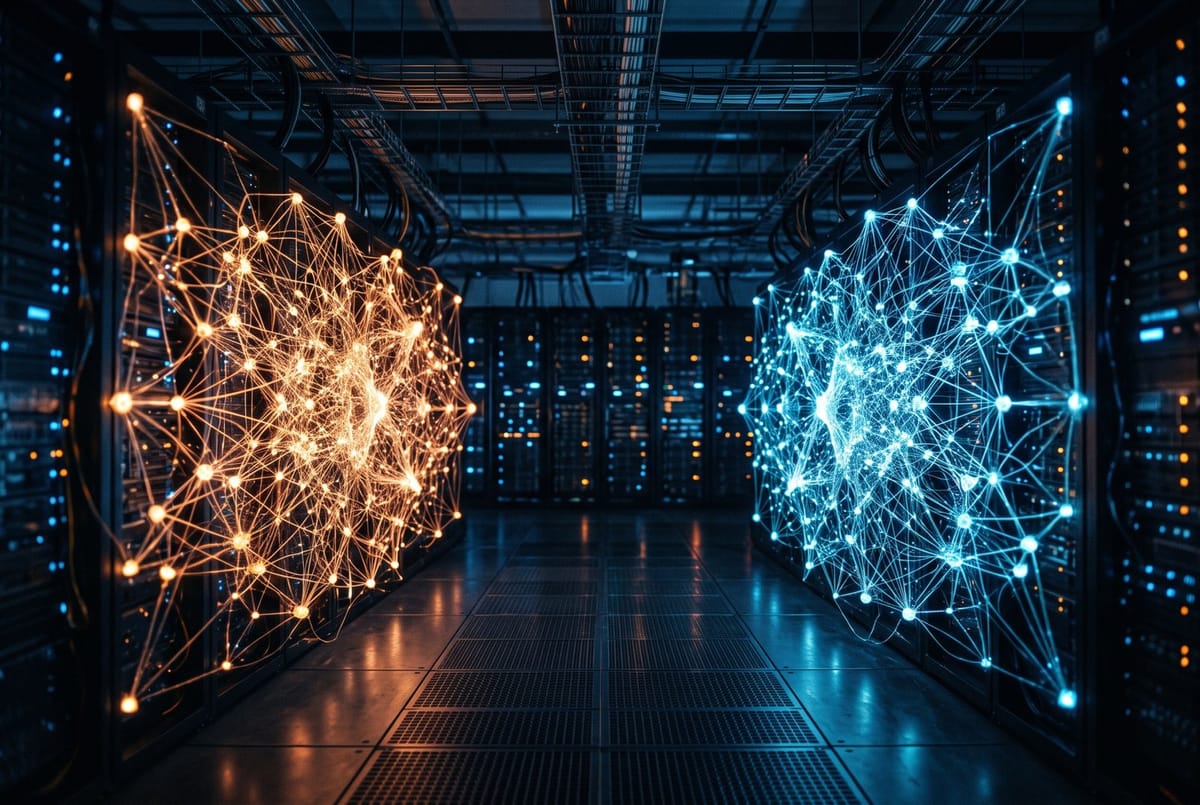 Two glowing neural network cores facing each other across a dark data center aisle