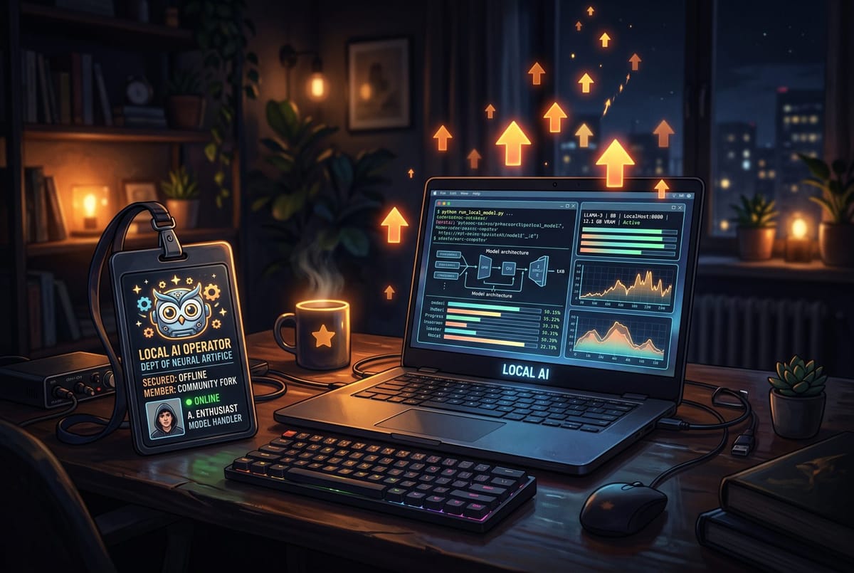 Editorial illustration of a parody corporate badge beside a laptop running a local AI model