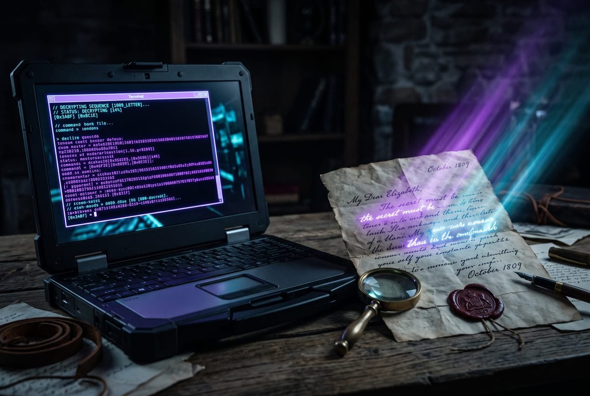 Editorial illustration of a glowing terminal window beside a candlelit 19th century coded letter