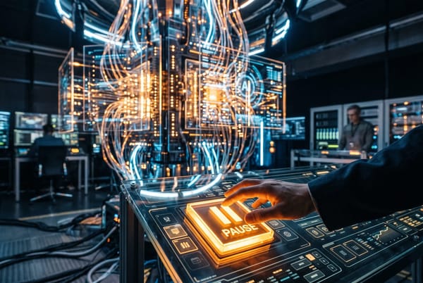 Editorial cover: a glowing AI core in a control room with a hand reaching toward a large illuminated pause button.