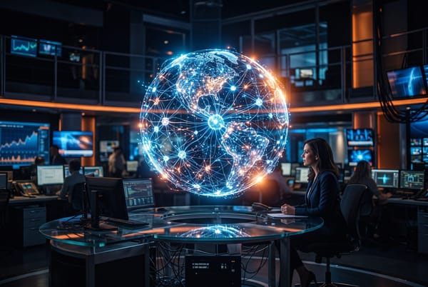 Glowing neural network globe over a dark newsroom backdrop