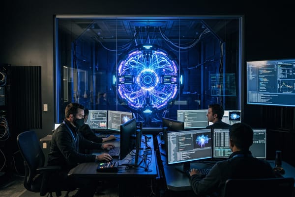 A dark control room of a frontier AI laboratory with a glowing model core behind glass, engineers monitoring screens