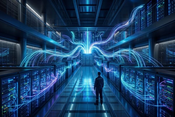 Abstract futuristic data center with glowing server racks and neural network light streams