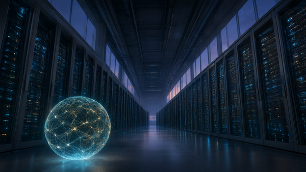 A vast illuminated AI data center interior at dusk with ranks of glowing server racks and a holographic neural sphere