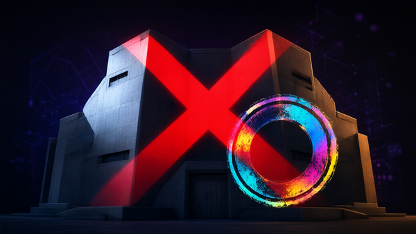 Abstract technology concept showing dramatic lighting with crossed-out elements representing retirement and cancellation