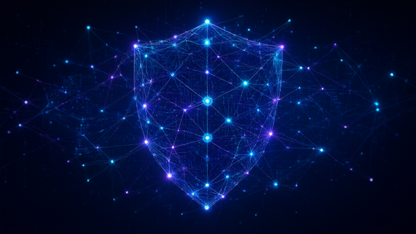 Abstract digital visualization of interconnected glowing nodes forming a shield pattern, cybersecurity and AI protection theme