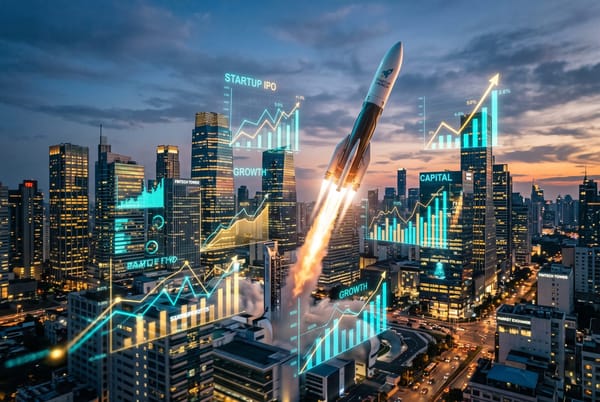 Editorial cover: a rocket launching over a glowing financial skyline with floating holographic stock charts.