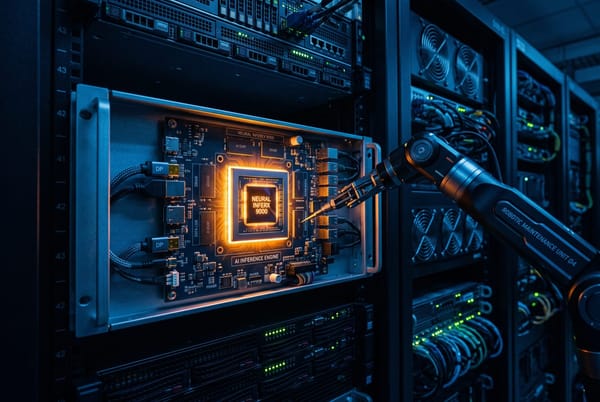 An AI inference chip glowing on a server rack in a data center with a robotic arm beside it