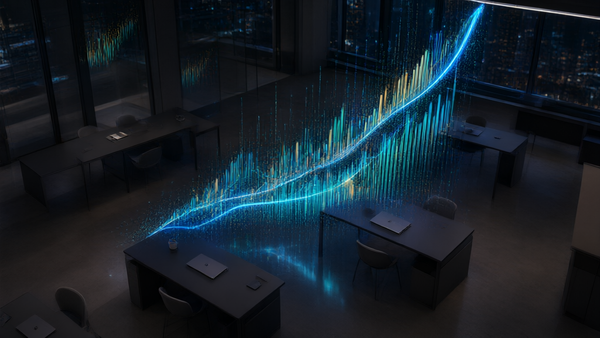 Upward growth charts and glowing data streams over a startup office at night