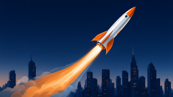 A startup rocket launching toward orbit above a city skyline at dusk