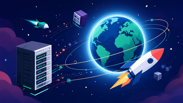Stylized rockets and server racks orbiting a glowing Earth, representing the idea of computing in space
