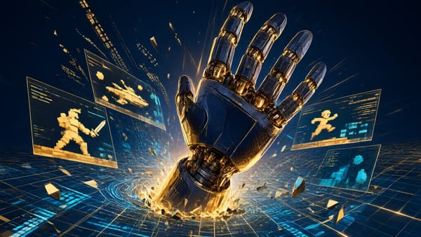 A robot hand rising from a grid of video-game data frames in gold and blue