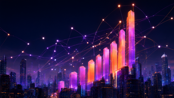 Abstract startup growth concept with rising neon bar charts and connected nodes over a night city skyline