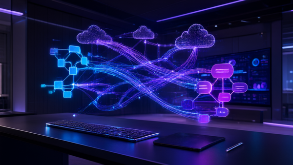 Futuristic workspace with holographic connectors linking different tech platforms with glowing blue and purple lines