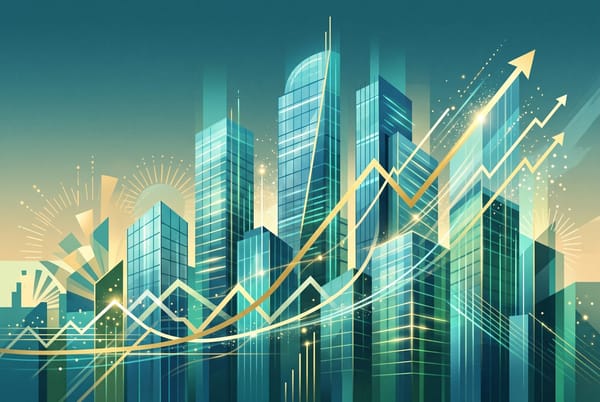 Editorial cover of a glass skyscraper skyline with glowing growth curves and rising chart lines in teal and gold