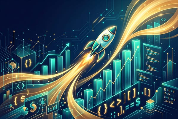 Editorial illustration of a rocket ascending past rising bar charts and code brackets, symbolizing startup funding and the AI coding wave