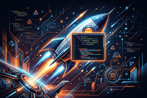 Rocket launching upward carrying a glowing code editor window, startup disruption theme, dark background with orange and blue neon accents