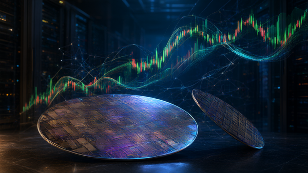 Global stock ticker and semiconductor wafers with a neural-network overlay representing the top AI stories