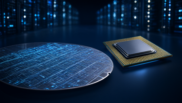 Editorial image of a glowing semiconductor wafer and sleek laptop chip in front of blurred AI data center lights