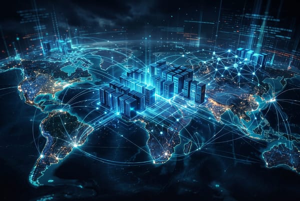 Abstract visualization of global AI infrastructure and compute with glowing data center servers and neural network motifs in deep blue and cyan.