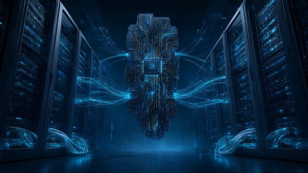 Abstract data center with glowing server racks and AI chip circuitry in blue and cyan