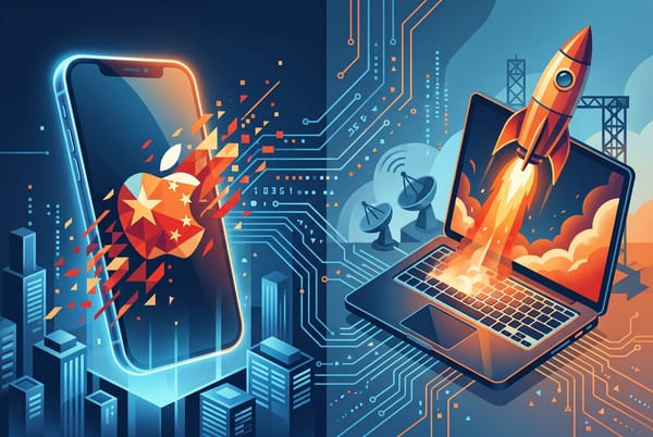 Editorial illustration of a smartphone and a rocket launching from a laptop, symbolizing Apple's China AI model and SpaceX's Cursor acquisition