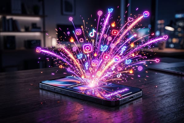 Editorial cover: a smartphone with social media notifications exploding outward like fireworks.