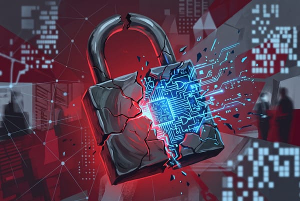 Abstract editorial cover: a glowing padlock cracking open to reveal bright blue circuits, red and dark gray palette