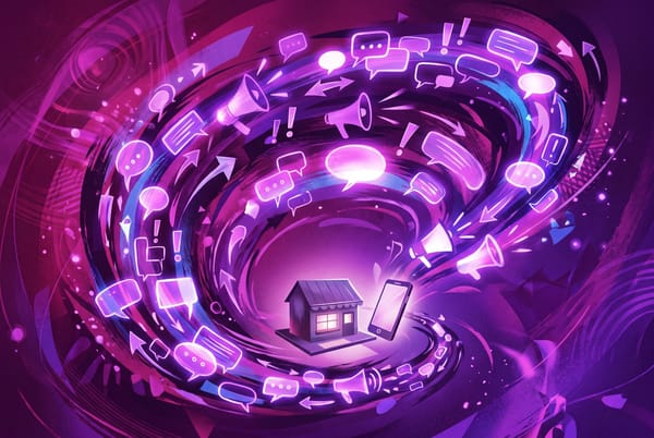 Editorial illustration of a swirling vortex of glowing chat bubbles and megaphones around a storefront, magenta and violet
