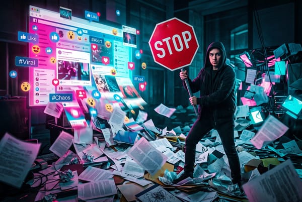 Editorial cover of a social media feed melting into documents with a person holding a red stop sign