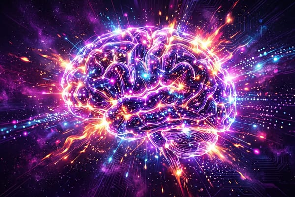 Glowing abstract AI brain made of connected nodes with radiant energy bursts