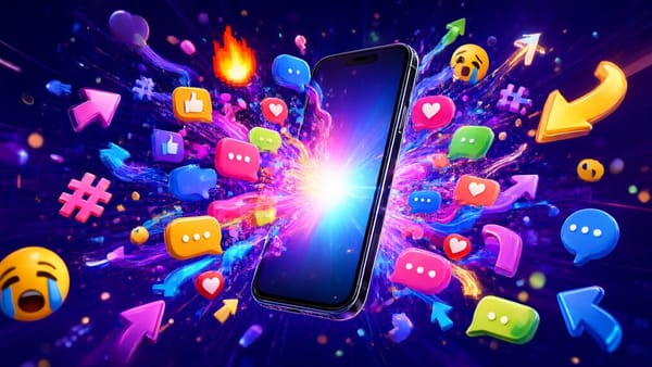 A glowing smartphone with chat bubbles and share icons exploding in colorful energy