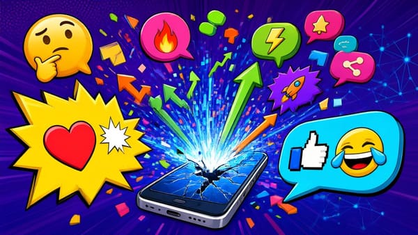 A chaotic stylized social feed with floating chat bubbles, trending arrows and meme-style speech bubbles