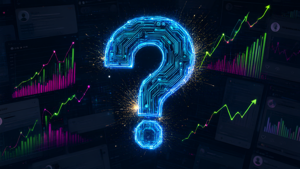A glowing circuit question mark hovering over a dark social media feed with sparks and trending motifs