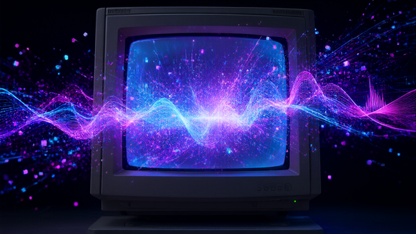Editorial image of a glowing CRT monitor with neon AI waveforms and particles bursting outward on a dark background