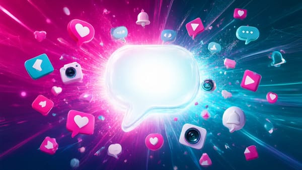 Viral social media motif with a glowing chat bubble and floating app icons exploding into light