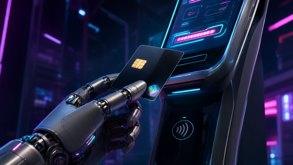 AI robot hand holding a credit card at a futuristic shopping terminal with neon lights
