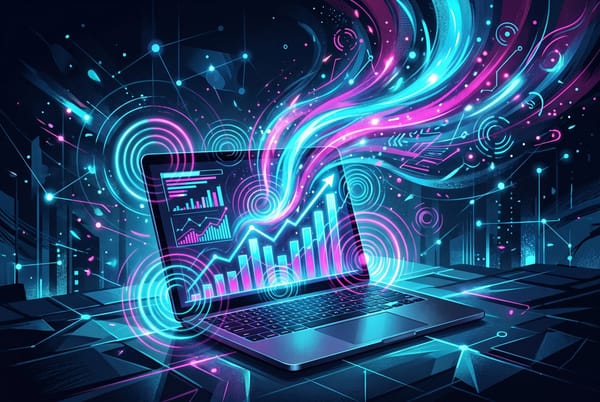 Editorial illustration of a laptop screen emitting glowing viral energy waves with rising engagement graphs