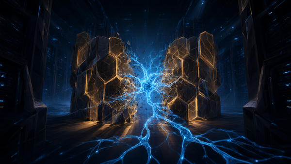 Dark editorial illustration of a data center hall at night with a glowing circuit passing through a security firewall