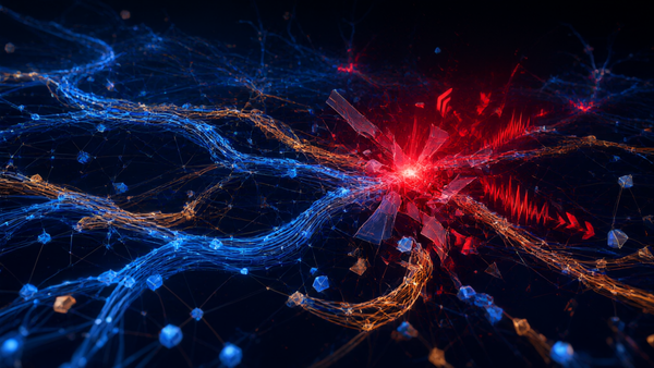 Abstract visualization of AI safety alarms and digital neural networks with warning signals