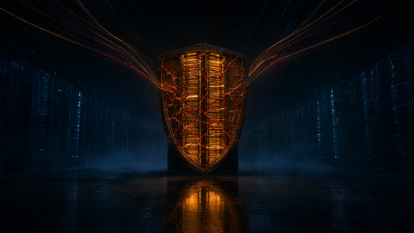 Dark editorial illustration of a glowing amber server rack shaped like a shield in a vast data hall, with red cracks and data trails converging on it