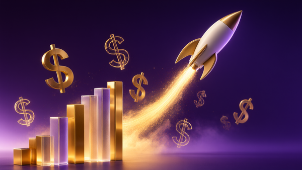 Abstract visualization of startup funding growth with rocket trajectory through dollar signs and rising bar charts in gold and purple