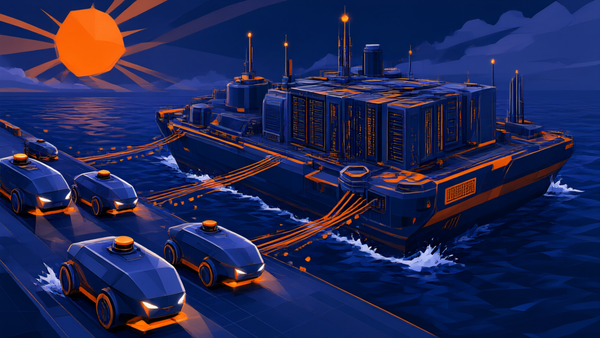 Autonomous trucks and a floating data center barge, editorial cover art for the Sep 14, 2026 AI startups digest