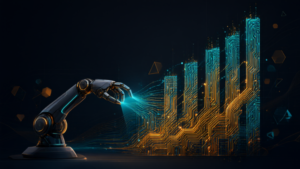 Abstract editorial illustration of a robotic arm and a rising bar chart built from glowing circuit traces on a dark background