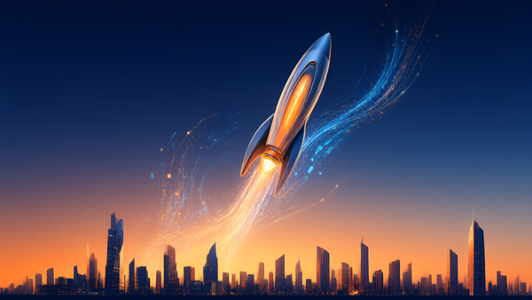 Abstract startup rocket launch with data streams and city skyline silhouette in warm orange and blue