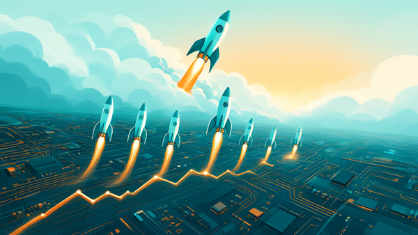 Editorial cover illustration of enterprise software towers and open-weight model nodes on a dark circuit board
