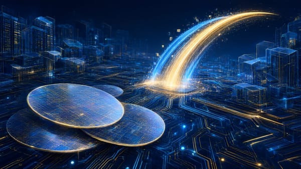 Silicon chip wafers and startup launch arcs rising from an abstract circuit board
