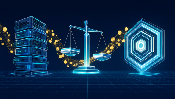 Dark navy illustration of three glowing startup monoliths linked by streams of golden coin light