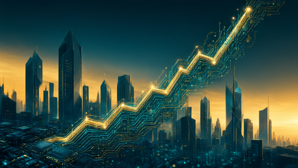 Editorial illustration of a rising graph of glowing circuit lines above a city skyline at dusk